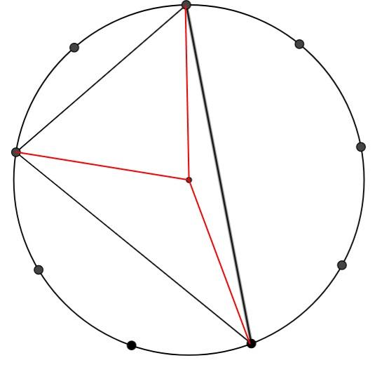 The diagram is the same as the previous diagram, but also contains lines from the midpoint of the circle to each corner of the triangle.