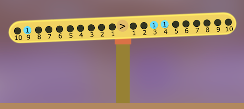 Number balance with 9 on the left, > in the middle, and 3, 4 on the right.