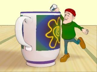 A man standing beside a mug. He is just slightly taller than the mug. He is holding another, much smaller mug.