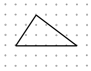 A triangle of base length 6 on a 9-by-7 peg board. The left-hand corner of the triangle is 1 in and 2 up from the bottom left peg. The top triangle corner is 2 in and 3 up from the left-hand triangle corner.