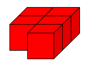 Four identical cubes arranged in a flat square, with another stuck to an edge. It forms a chunky L shape.