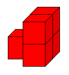Four identical cubes arranged in a vertical square. Another cube is on the ground, stuck to a face.