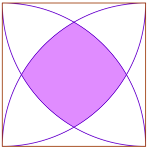 A geometric diagram showing a square with four quarter-circle arcs drawn from each corner, curving inward. The overlapping region formed by the arcs at the centre is shaded in purple, creating a symmetrical shape.
