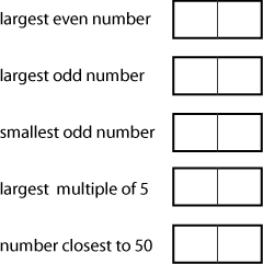 5 targets in order: largest even number, largest odd number, smallest odd number, largest multiple of 5, number closest to 50.