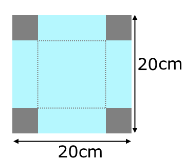 A square of side length 20cm with small squares cut off on each corner, and folded as described below.