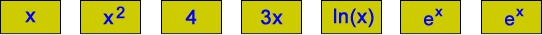 A set of cards labelled x, x^2, 4, 3x, ln(x), e^x and e^x.