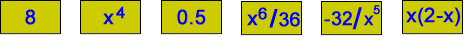 A set of cards labelled 8, x^4, 0.5, (x^6)/36, -32/(x^5), x(2-x).