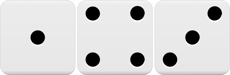 From left to right the dice have the numbers 1, 4, and 3.