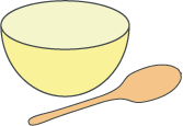 A yellow mixing bowl and a wooden spoon.