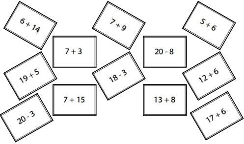 Cards that read: 6 + 14, 19 + 5, 20 - 3, 7 + 3, 7 + 15, 7 + 9, 18 - 3, 20 - 8, 13 + 8, 5 + 6, 12 + 6, 17 + 6.