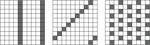 First grid is has two coloured lines in columns 5 and 10. Second grid has ninth diagonal coloured in, and the 18th diagonal as well. Final grid is checker-like.
