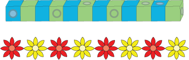 A pattern of cubes that goes: blue, green, blue, green, blue, green, blue, green, blue, green, blue, green. A pattern of flowers that goes: red, yellow, red, yellow, red, yellow, red, yellow.