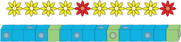A pattern of flowers that goes: yellow, yellow, yellow, yellow, red, yellow, yellow, yellow, yellow, red. A pattern of cubes that goes: blue, blue, blue, blue, green, blue, blue, blue, blue, green, blue, blue, blue, blue, green.