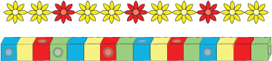 A pattern of flowers that goes: yellow, yellow, red, yellow, yellow, red, yellow, yellow, red, yellow, yellow. A pattern of cubes that goes: blue, yellow, red, green, blue, yellow, red, green, blue, yellow, red, green, blue, yellow, red, green.