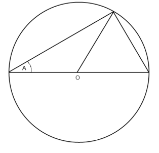 A circle with centre labelled O. A triangle is inscribed in the circle, with its base as a diameter of the circle. One vertex of the triangle is on the circumference of the circle, and the two other vertices lie on the ends of the diameter. Angle A is marked at the left end of the diameter. A line is also drawn from O to the top vertex.