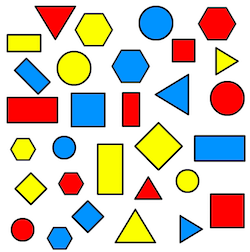 Red, blue and yellow shapes.