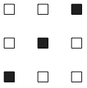 3 rows of 3 squares. The top right, middle, and bottom left squares are filled with ink.