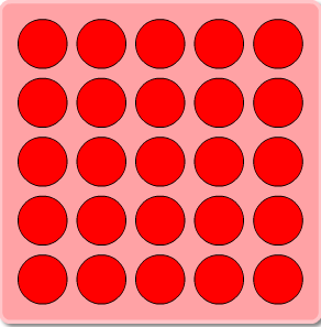 A 5-by-5 board of red circles arranged in a square.