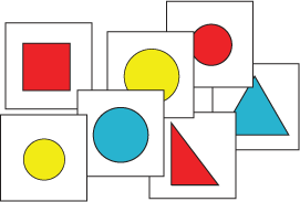 Cards showing different shapes of various colours and sizes.