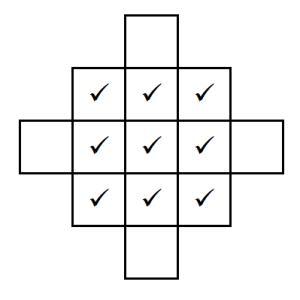 A 3 by 3 grid with ticks in each cell, with 4 extra cells placed neighbouring the centre of each edge.