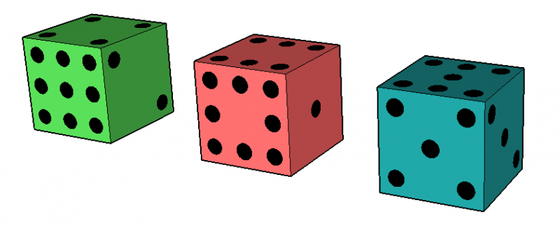 3 six sided dice: green, red, and blue, as described below.