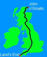 Map of UK showing the route from Land's end at the southernmost tip of the UK to John o'Groats at the northernmost tip of the UK.