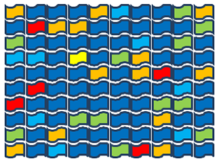 Red, orange, yellow, green, light blue, and dark blue flags, arranged in a hundred square, in no particular order.