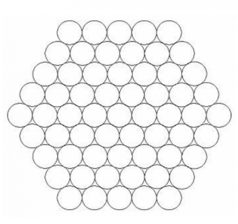 A hexagon consisting of circles. The side length is 5 circles, and there are 61 circles in total.