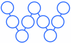 7 circles arranged in the shape of the letter W. There are 3 downwards, 3 upwards, 3 downwards, then 3 upwards.