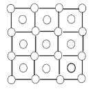 A 4 by 4 grid of dots which are joined up everywhere to make a large 3 by 3 square. Each smaller square has a dot placed in its center.