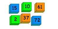 The numbers 15, 10, 61, 3, 37 and 72 on colourful squares.