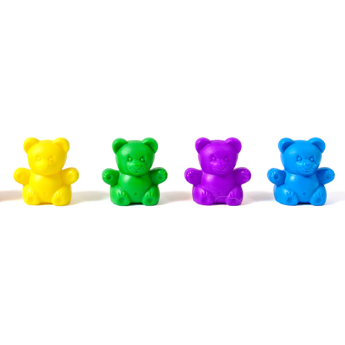 Yellow, green, purple and blue plastic bears in a line.