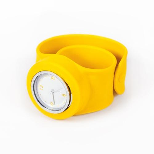 A children's wristwatch with a yellow strap.