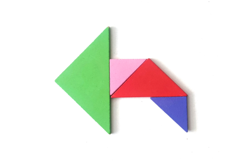 An arrow made of coloured triangles of different sizes.
