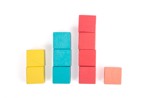 A bar graph made of coloured wooden blocks.
