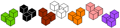 Three cubes of each colour: green, black, brown, white, orange, pink and purple.