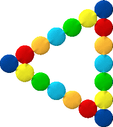 An equilateral triangle made of 18 beads. Each side has 7 beads.