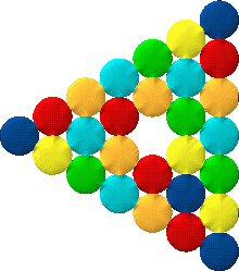 An equilateral triangle where each side has 7 beads. There is a smaller triangle inside it, of side length 4.