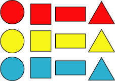 Each row has a circle, square, rectangle, and triangle. In row 1, the shapes are red; in row 2, the shapes are yellow; and in row 3, the shapes are blue.