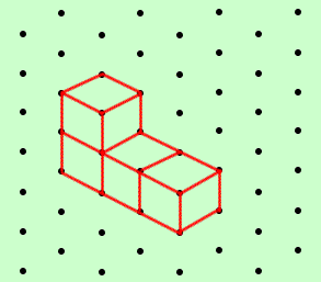 Isometric paper showing 3 cubes in a line with a fourth cube on top of the first cube.
