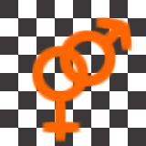 Orange interlinking Mars and Venus symbols, overlaid on a chessboard.