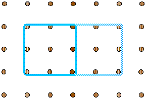 A blue square on a pegboard with each side of length two. A dotted line shows the square being made twice as long, so the top and bottom side lengths are now four.