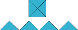 A square cut diagonally from 2 corners to the opposite corner. Below are 4 right-angled isosceles triangles.