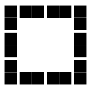 10 blank dominoes arranged into a square, with 3 dominoes on 2 of the sides which are opposite each other, and 2 dominoes on the other 2 sides which are opposite each other.