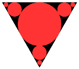 A black equilateral triangle pointing downwards, with a red circle circumscribed inside it. In each of the three corners, there is another smaller red circle, touching two sides of the triangle and the central circle. Finally, in each of the three corners, there is another even smaller circle, touching the two sides of the triangle and the medium circles already described.