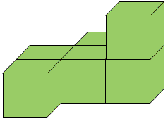 3 cubes arranged in a row. The first cube has another cube to the front of it. The second cube has another cube behind it. The third cube has another cube on top of it.