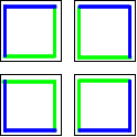 The tiles above arranged into a 2 by 2 square so the outer edges are blue, inner lines are green where the edges connect.