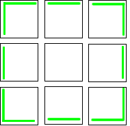 An example of how a large 3 by 3 square would be made of smaller tiles, with green on the edge of this large square.