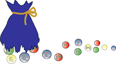 The bag from above, with the bottom open. Colourful marbles have spilled out.