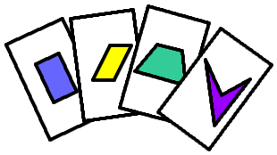 4 cards, each with a different shape on them. The four shapes are a rectangle, a parallelogram, a trapezium, and an arrowhead.